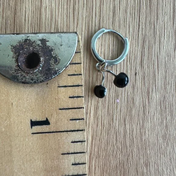 925 Silver Black Cherry & Heart Chain Hoop Earrings - Picture 9 of 9